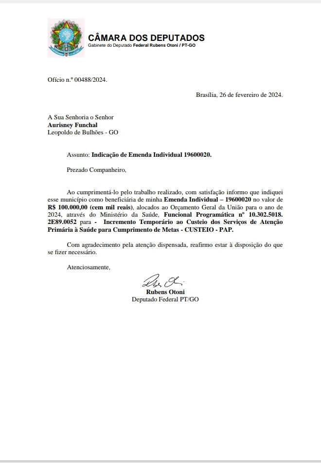 DEPUTADO RUBENS OTONI DESTINA MAIS RECURSOS PARA A SAÚDE DE LEOPOLDO DE BULHÕES