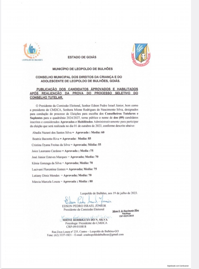 ​FOI DIVULGADA A LISTA DOS CANDIDATOS AO CONSELHO TUTELAR DE LEOPOLDO DE BULHÕES APROVADOS EM AVALIAÇÃO ESCRITA