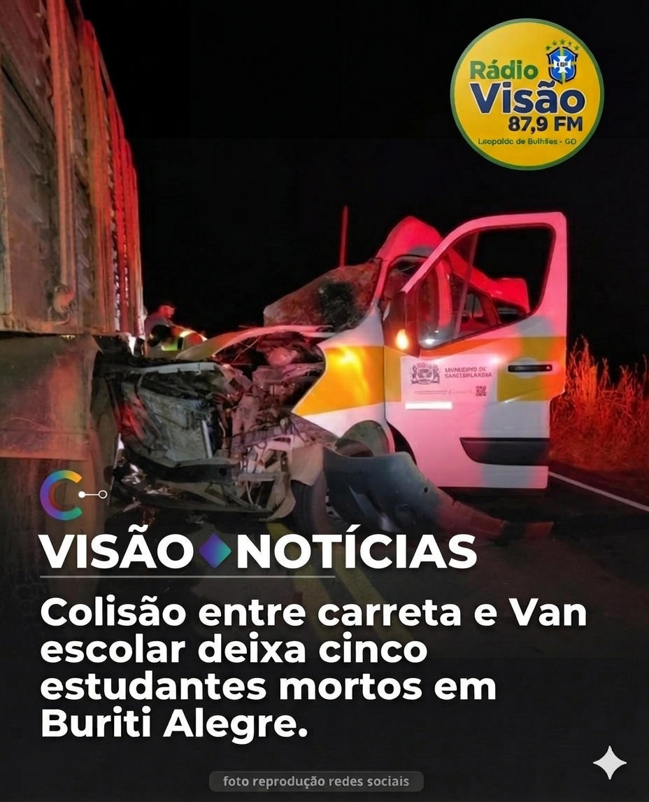 ​Colisão entre carreta e van escolar deixa cinco estudantes mortos em Buriti de Goiás