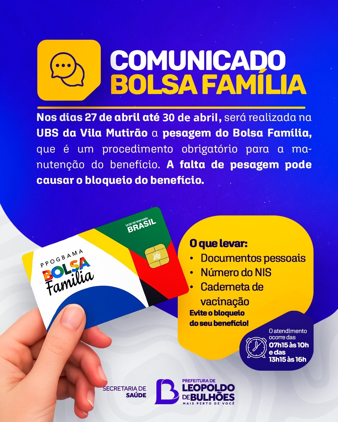 ​NESTA SEMANA ACONTECE A PESAGEM DO BOLSA FAMÍLIA