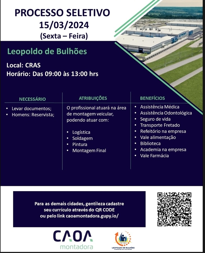 MONTADORA DE AUTOMÓVEIS CAOA FAZ SELEÇÃO DE PESSOAL EM LEOPOLDO DE BULHÕES