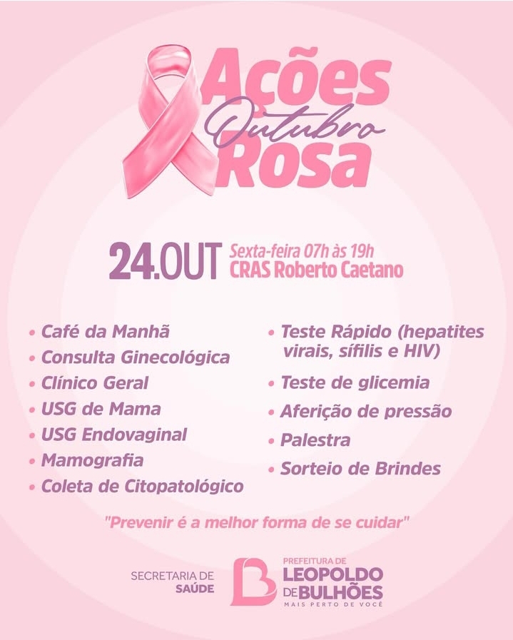 ​NESTA SEXTA-FEIRA TEM AÇÃO DO OUTUBRO ROSA EM LEOPOLDO DE BULHÕES COM ENXAMES E CONSULTAS GRATUITAS PARA AS MULHERES